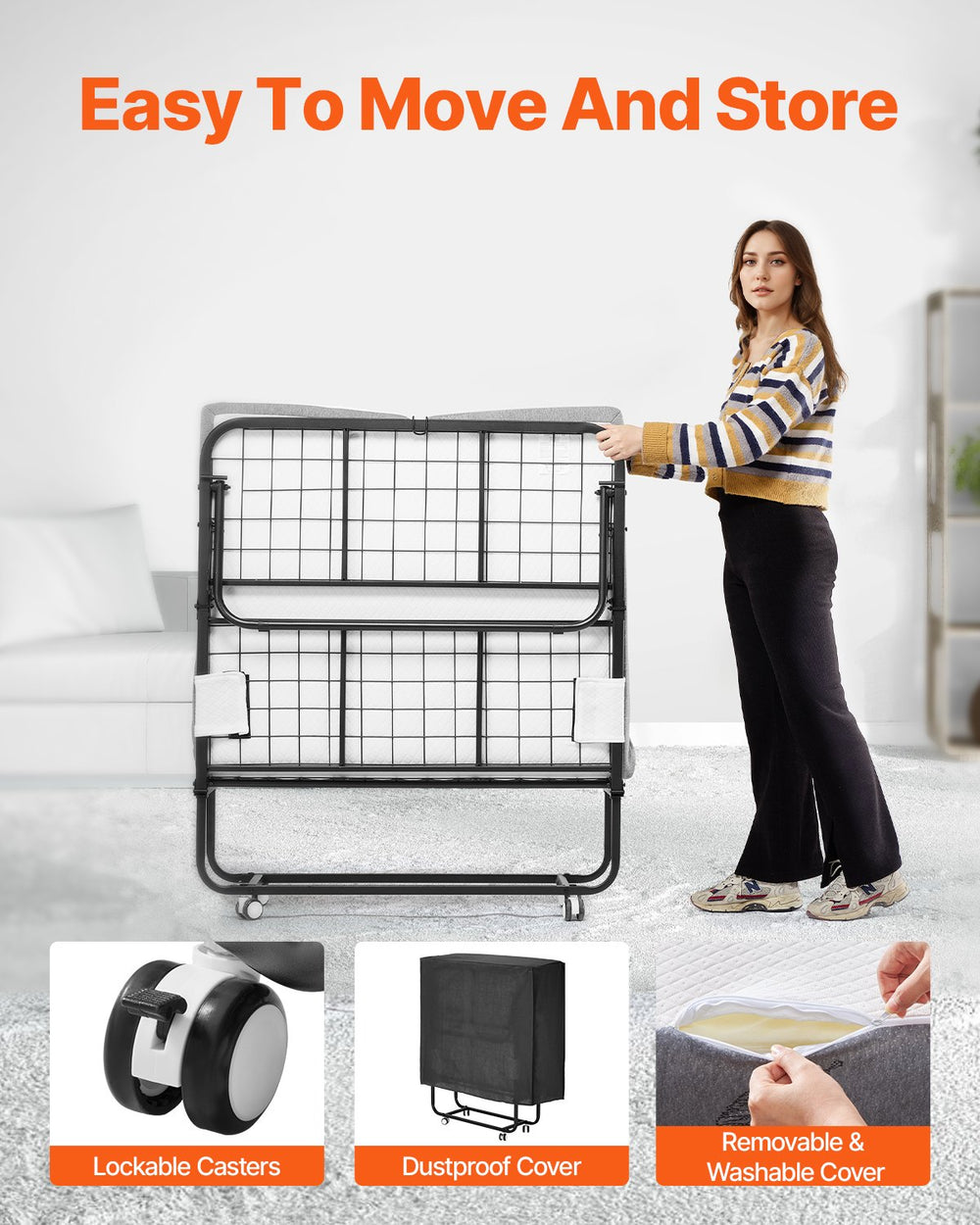 Vevor Twin Foldable Rollaway Bed 38" x 75" Steel Frame with 5" Memory Foam Mattress New