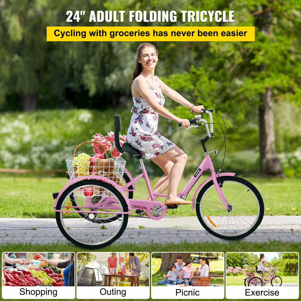 Vevor Adult Tricycle 24" Wheels 1 Speed Foldable With Basket New