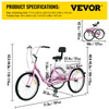 Vevor Adult Tricycle 26" Wheels 1 Speed Foldable With Basket Pink New