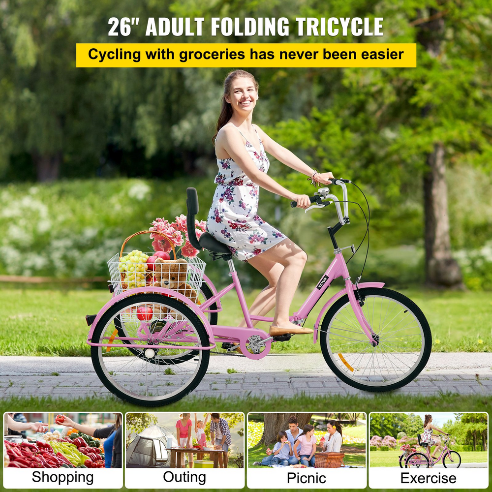 Vevor Adult Tricycle 26" Wheels 1 Speed Foldable With Basket Pink New