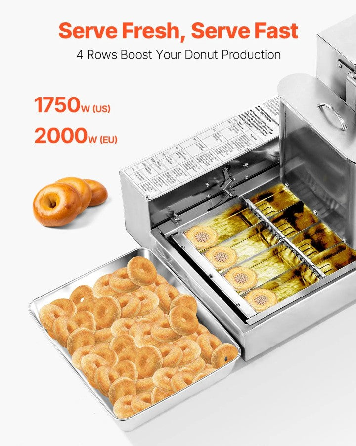 Vevor Commercial Automatic Donut Maker 4-Row 240 Pcs/H Stainless Steel with 0.8 Gal Hopper New