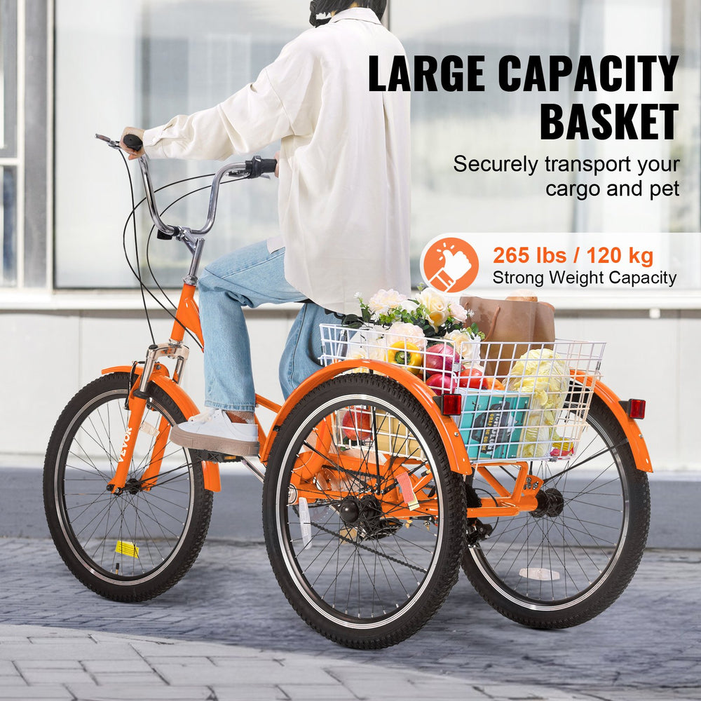 Vevor Adult Tricycle 24" 7-Speed Folding Carbon Steel Cruiser with Large Basket and Adjustable Seat New