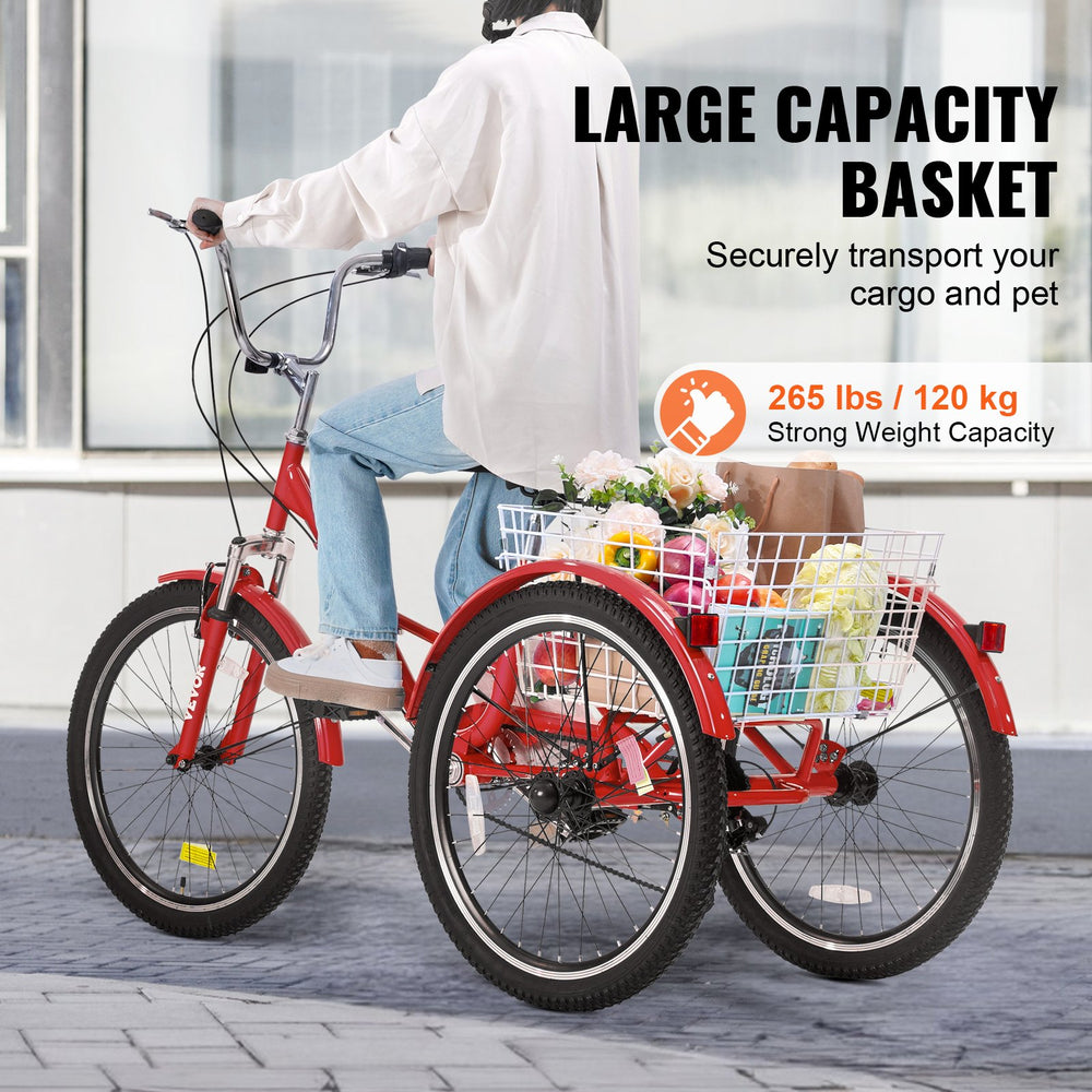 Vevor Adult Tricycle 26" 7-Speed Folding Carbon Steel Cruiser with Large Basket and Adjustable Seat New