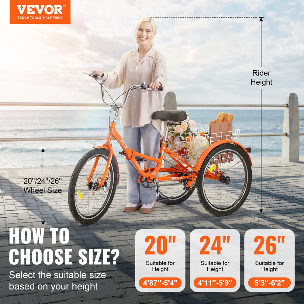 Vevor Adult Tricycle 26" 1-Speed Folding Aluminum Alloy Cruiser with Large Basket and Adjustable Seat New