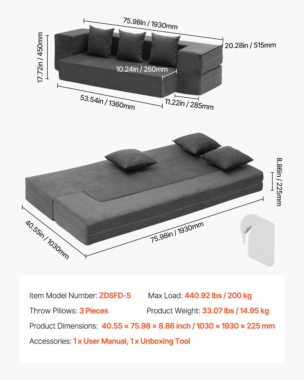 Vevor 3-in-1 Folding Sofa Bed Twin Size Convertible Sleeper with Pillows New