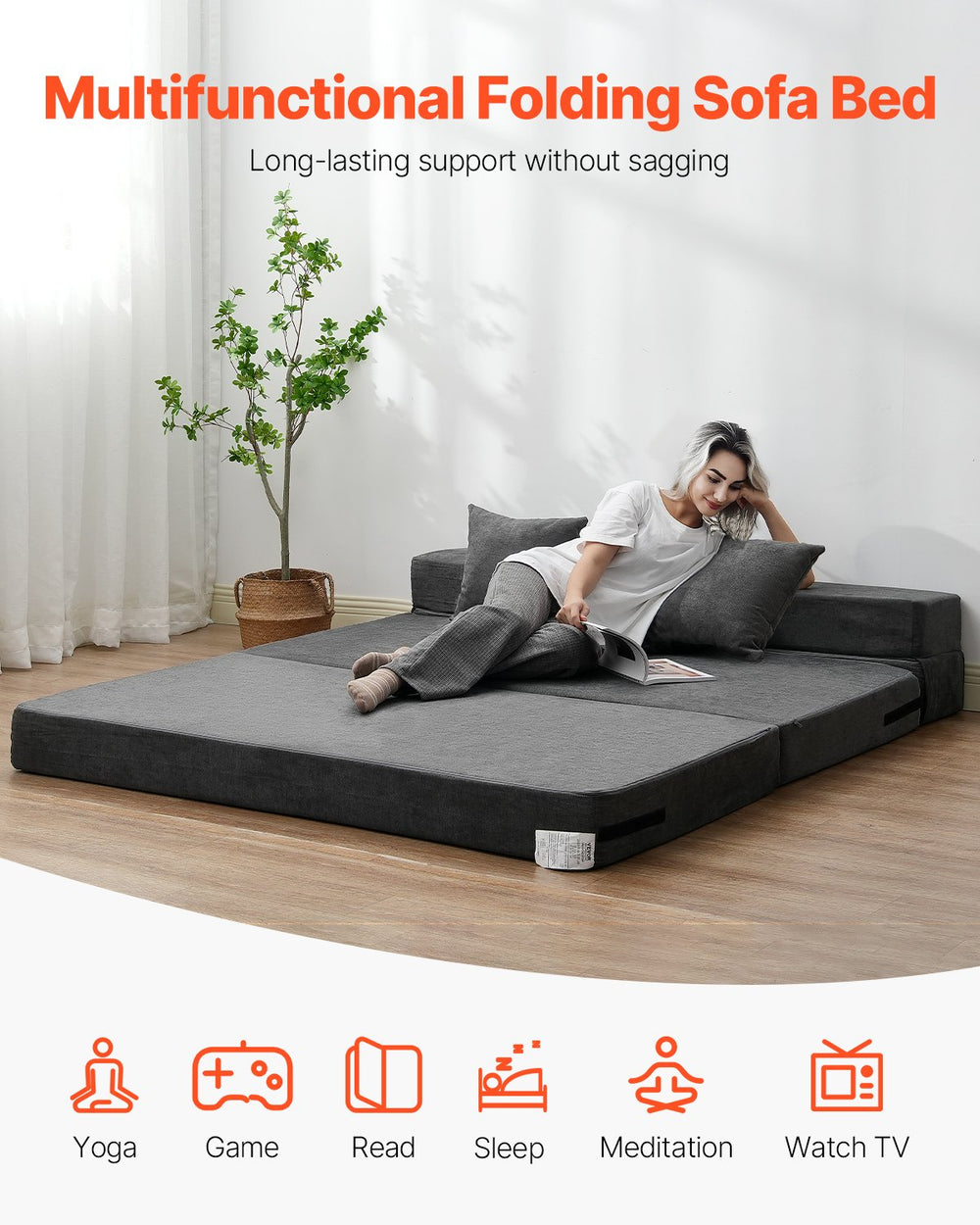 Vevor 3-in-1 Folding Sofa Bed Queen Size Convertible Sleeper with Pillows and Washable Cover New