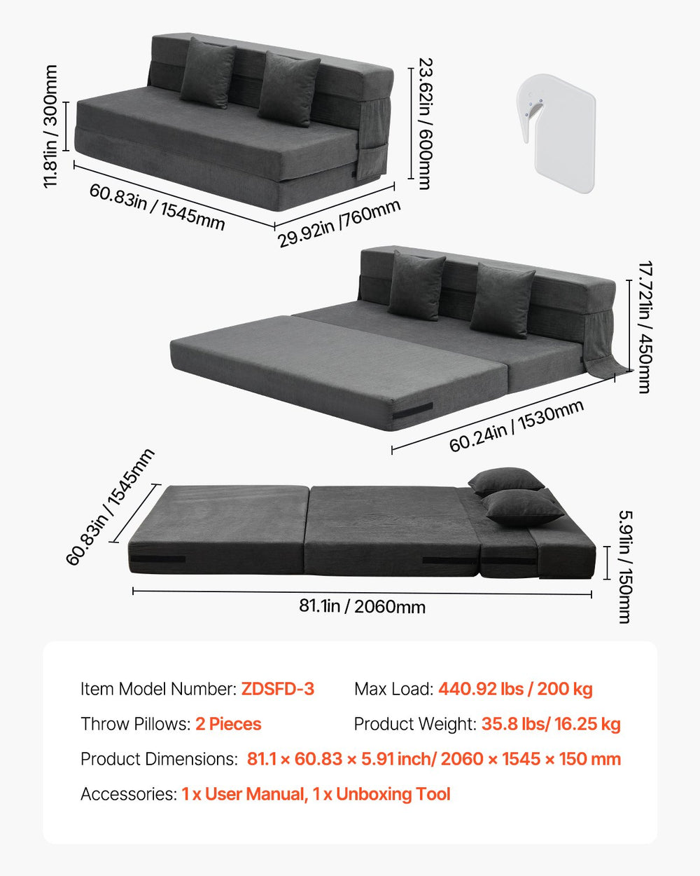 Vevor 3-in-1 Folding Sofa Bed Queen Size Convertible Sleeper with Pillows and Washable Cover New