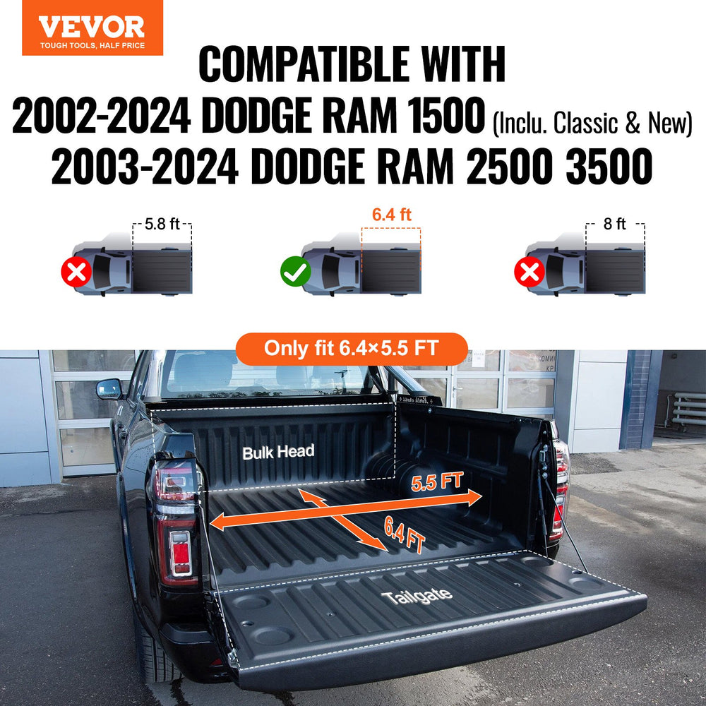 Vevor Tonneau Cover Quad-Fold for 6.4' Truck Bed 2002-2024 Dodge Ram 1500 Tear-Resistant PVC Anti-Loose Clamps New