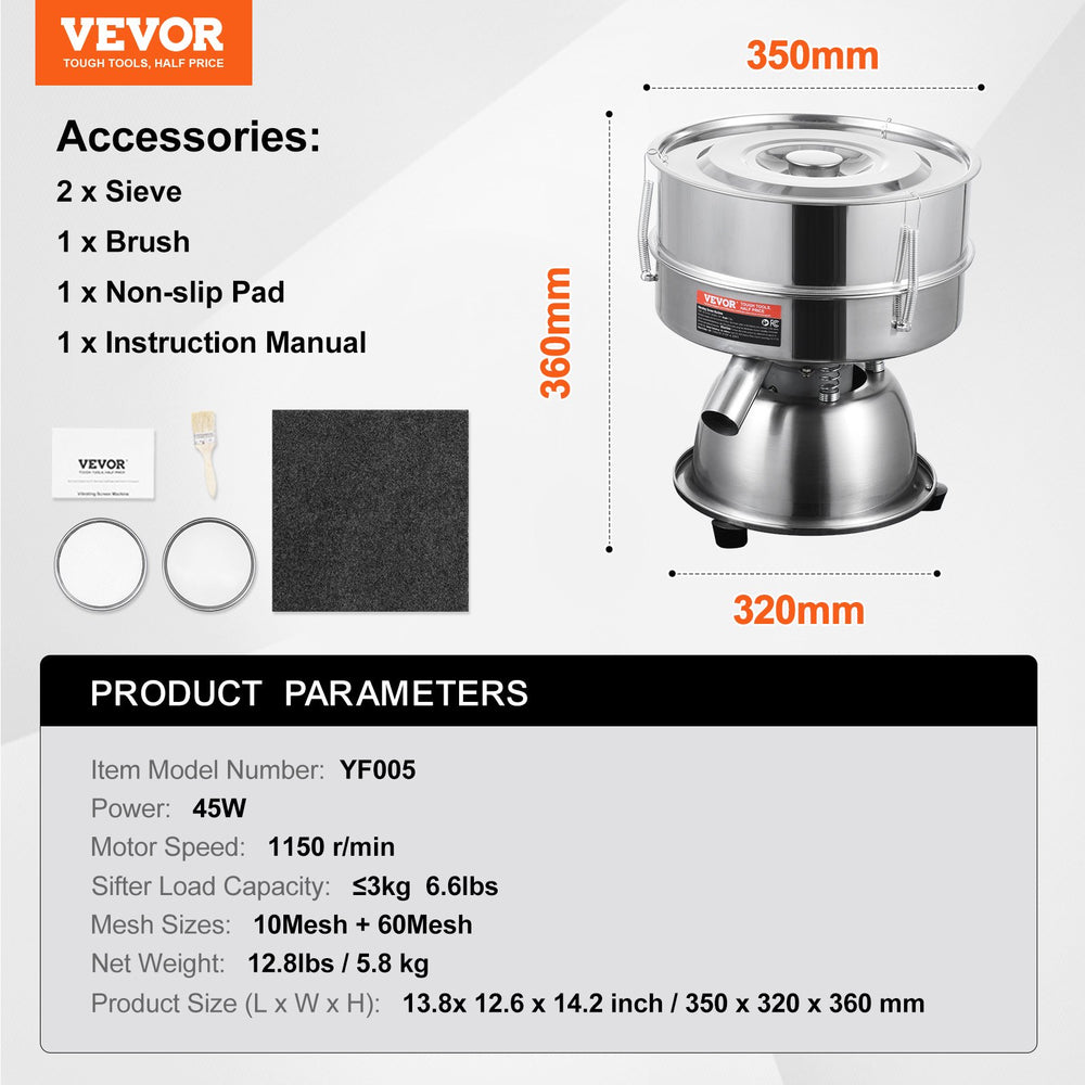 Vevor Sieve Machine Electric Vibrating Sifter 45W Automatic 10+60 Mesh Stainless Steel for Powders and Liquids New