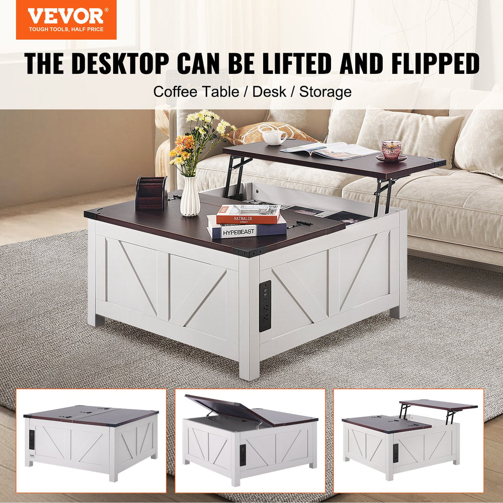 Vevor Farmhouse Coffee Table 36" Square with Split Hinged & Hydraulic Lift Top and Hidden Storage New