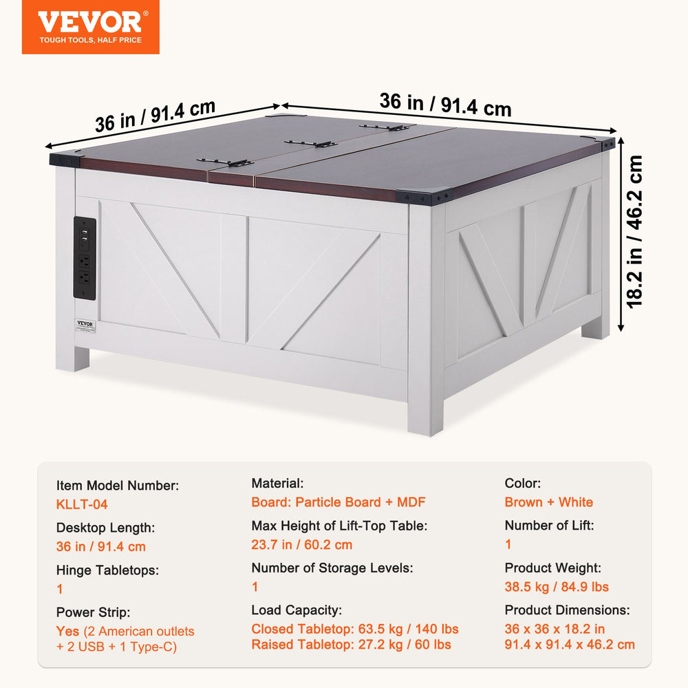 Vevor Farmhouse Coffee Table 36" Square with Split Hinged & Hydraulic Lift Top and Hidden Storage New