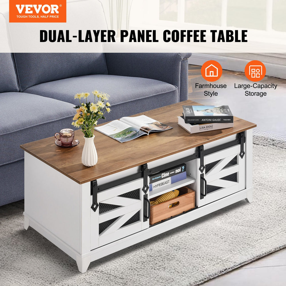 Vevor Farmhouse Coffee Table 48" 2-Tier Rustic Wood with Sliding Barn Doors and Removable Shelves New