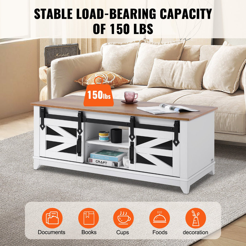 Vevor Farmhouse Coffee Table 48" 2-Tier Rustic Wood with Sliding Barn Doors and Removable Shelves New
