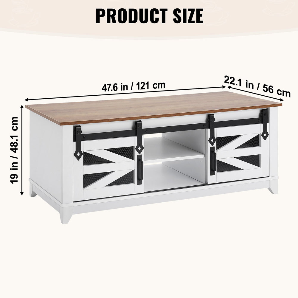 Vevor Farmhouse Coffee Table 48" 2-Tier Rustic Wood with Sliding Barn Doors and Removable Shelves New