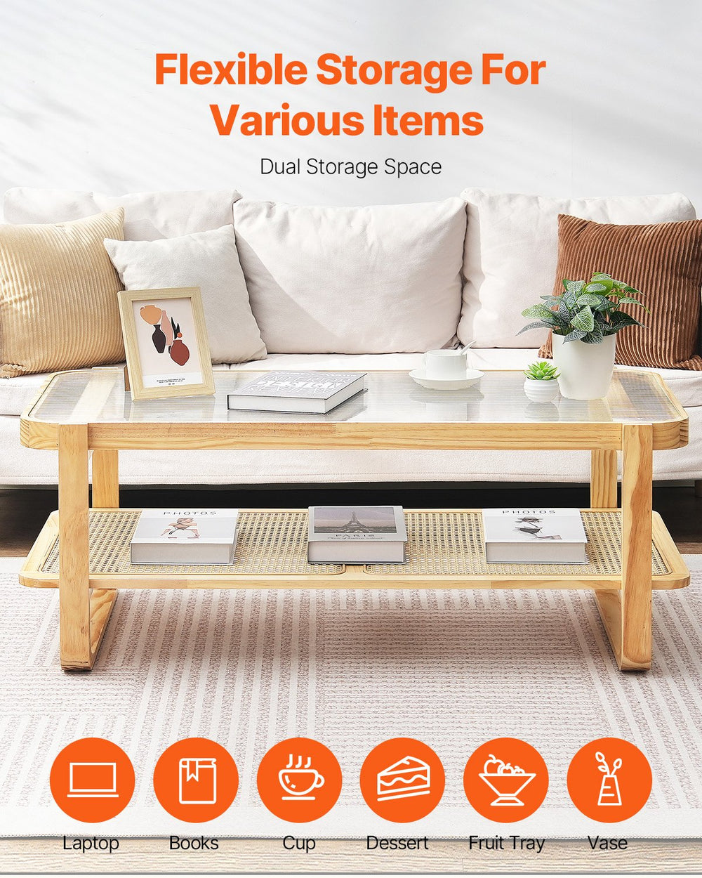 Vevor Rattan Coffee Table 45" Mid-Century Modern Boho Wood Table with Glass Top and Storage New