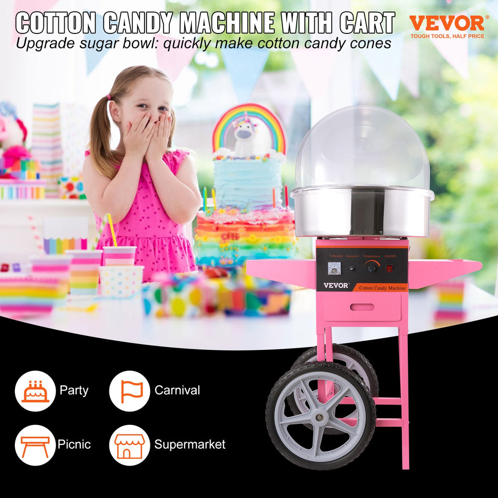 Vevor Cotton Candy Machine 1000W with Bubble Cover Stainless Steel Bowl Sugar Scoop and Drawer New