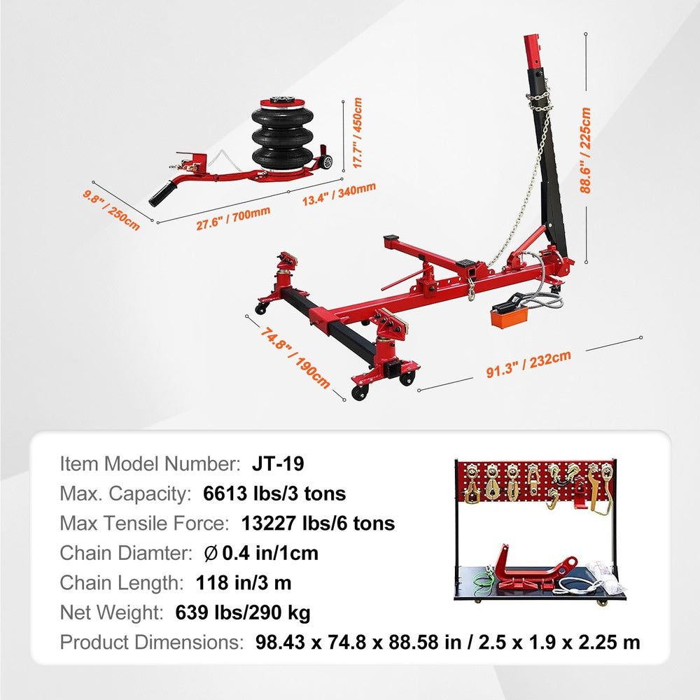 Vevor Auto Body Frame Straightener 13227 Lbs. Tensile Force with Hydraulic Foot Pump and Pulling Clamp Set New