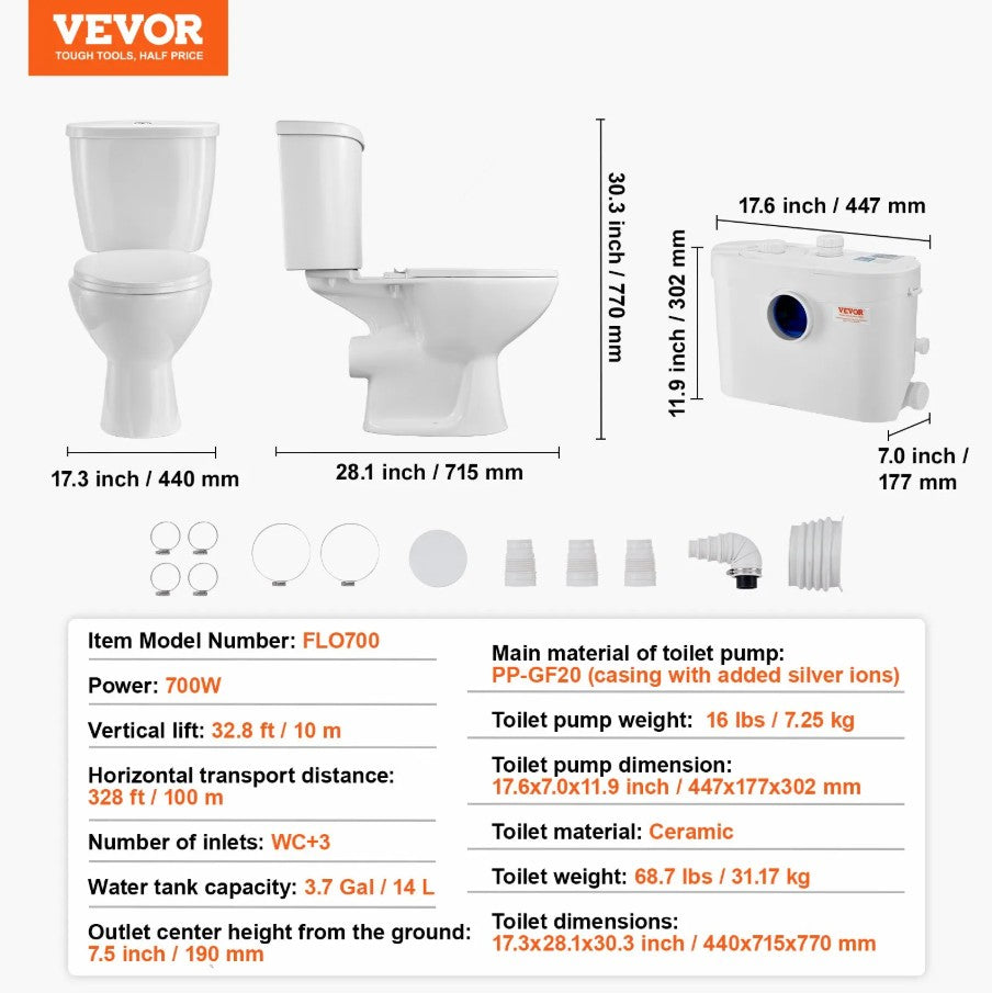 Vevor Upflush Macerating Toilet System with 700W Pump for Basement and Low-Drain Areas New