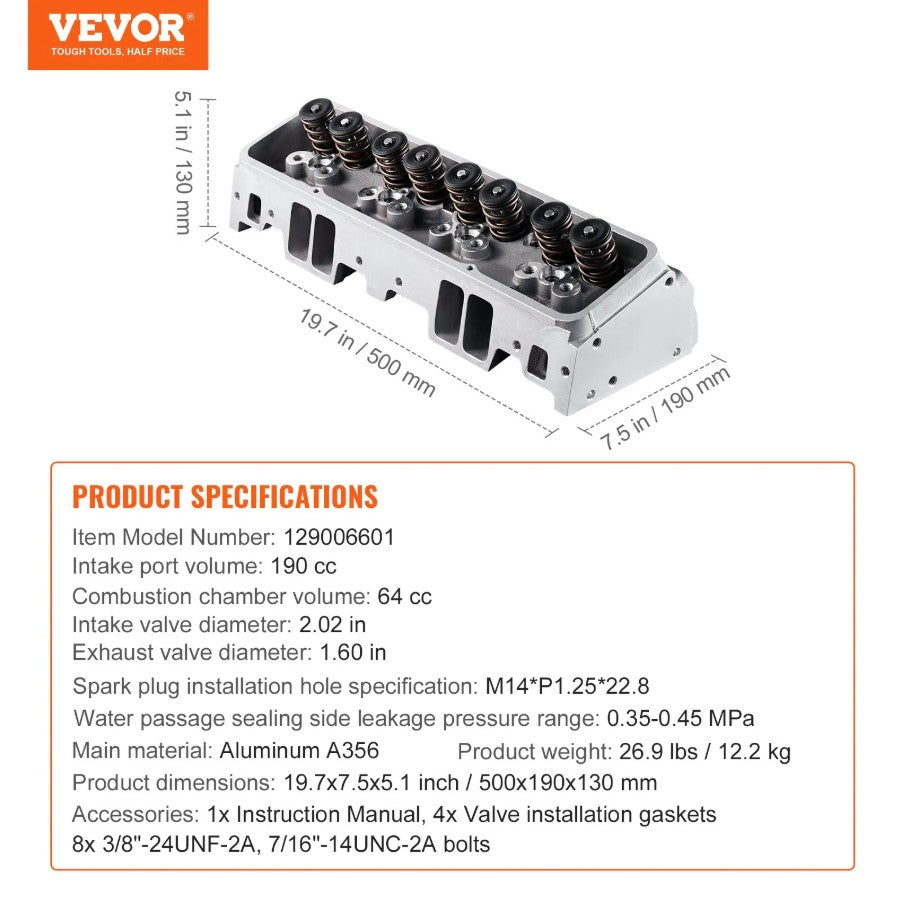 Vevor 2X Aluminum Cylinder Heads for Chevy SBC 327/350/383 190cc CNC Assembled New