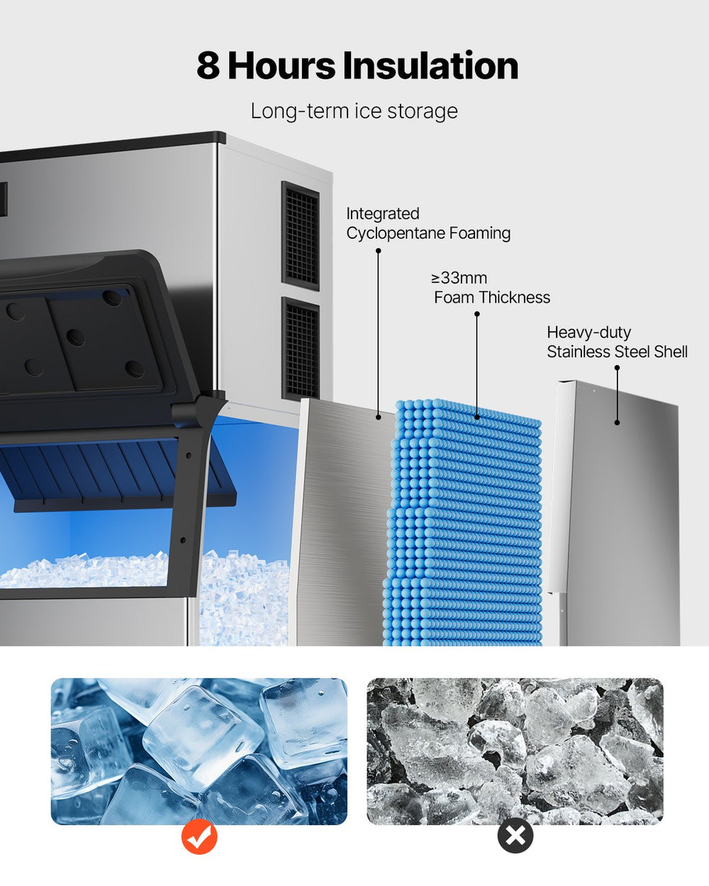 Vevor Commercial Ice Maker 800 Lbs/24 Hrs Stainless Steel 500 Lbs Storage Bin Auto Self-Cleaning New