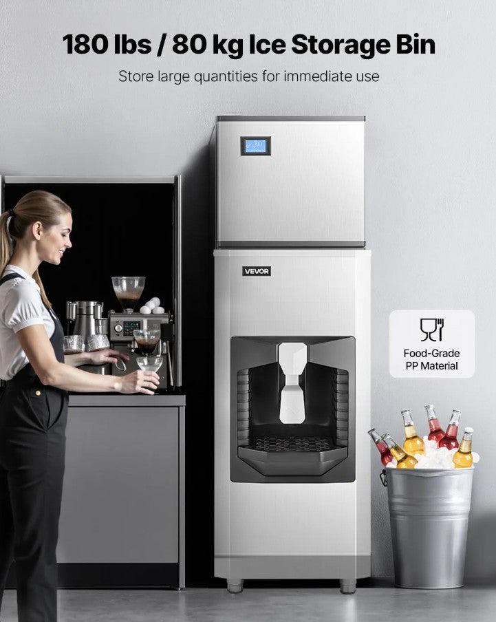 Vevor Commercial Ice Maker 300 Lbs/Day 180 Lbs Storage Bin Self-Cleaning New