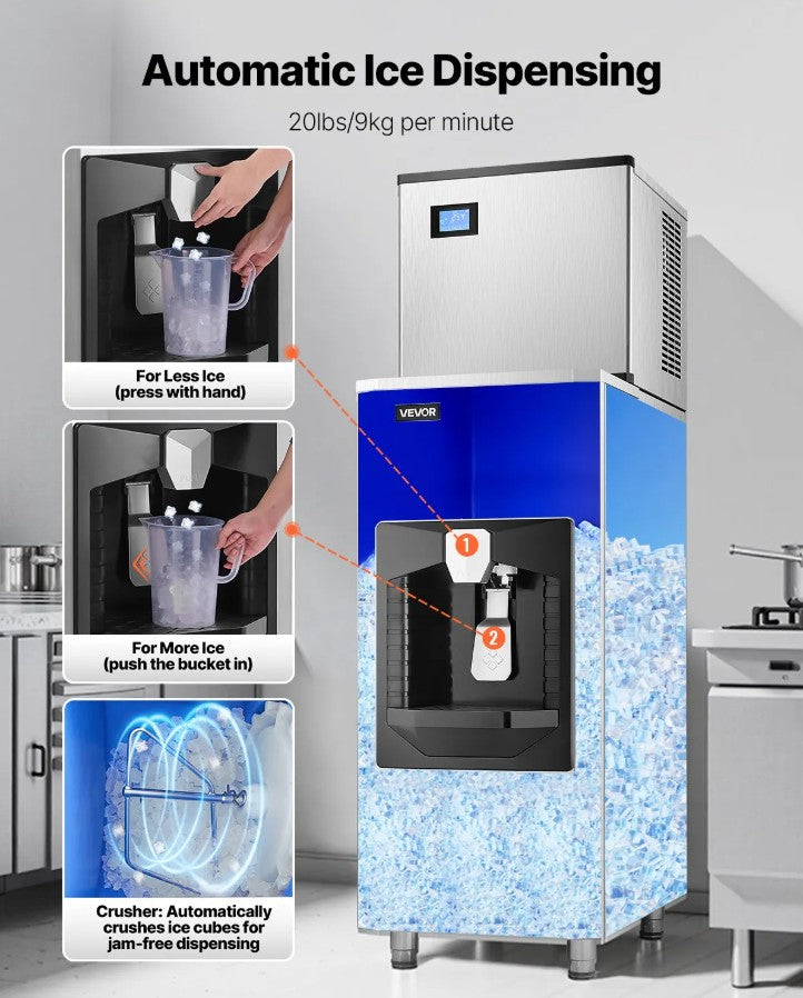 Vevor Commercial Ice Maker 300 Lbs/Day 180 Lbs Storage Bin Self-Cleaning New