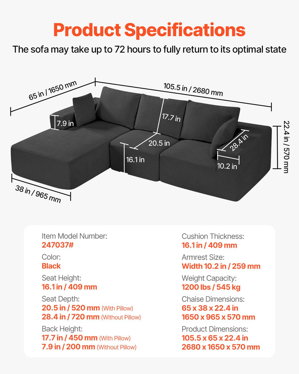 Vevor Modular Sectional Sofa L-Shaped with High Rebound Foam and 1200 Lbs Capacity New