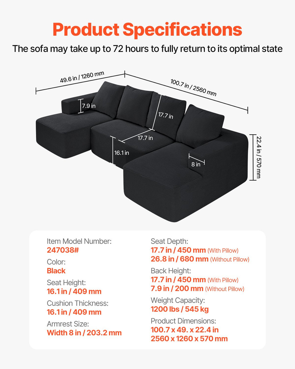 Vevor Modular Sectional Sofa U-Shaped with High Rebound Foam and 1200 Lbs Capacity New