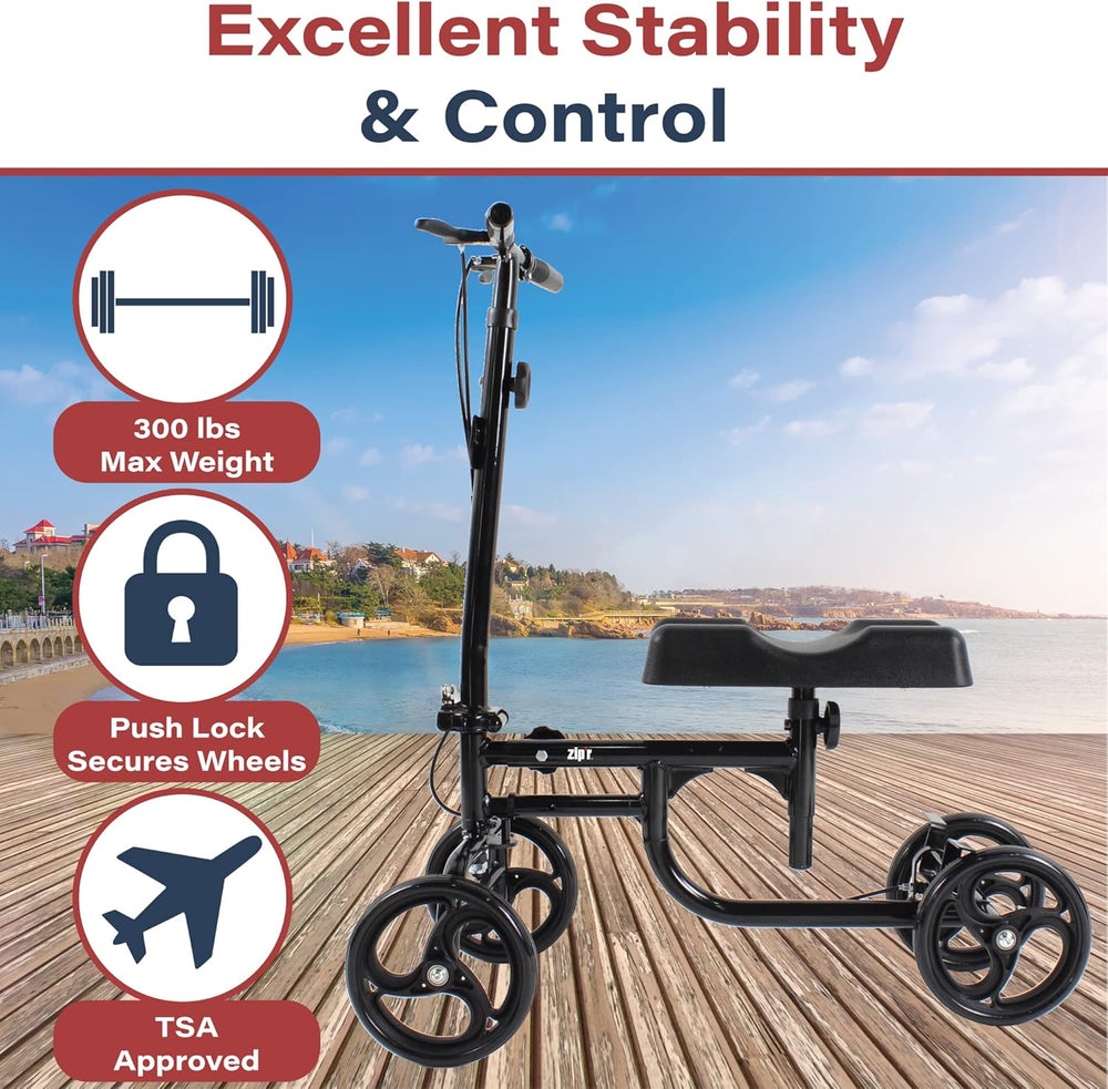 Zip’r Glider Knee Scooter 300 Lbs Capacity for 4'9"-6'4" Riders Ambidextrous Brake ZIP23BLK New