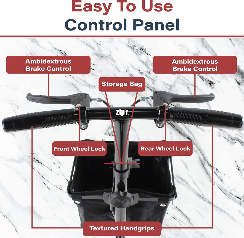 Zip'r Coaster Knee Scooter with Storage 300 Lbs Capacity for 4'9"-6'4" Riders Ambidextrous Brake ZIP24BLK New