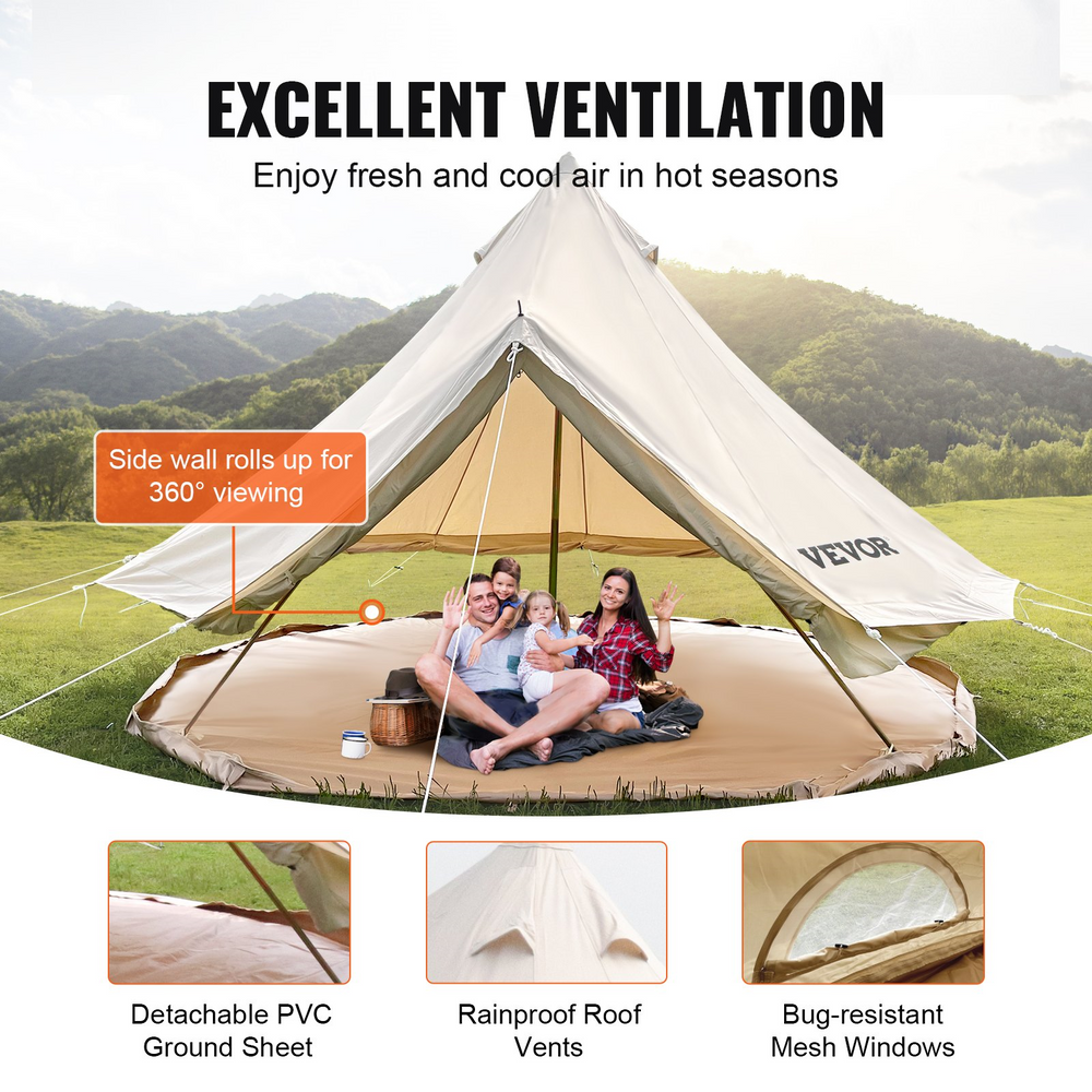 Vevor Bell Tent 16 ft/5m Yurt Cotton Canvas Waterproof With Stove Jack For 8-10 People 4 Seasons New