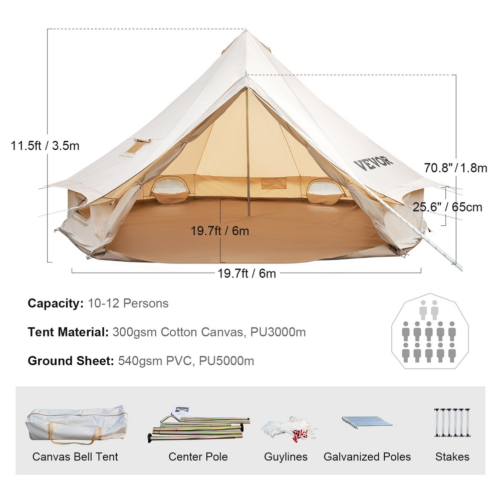 Vevor Bell Tent 19 ft/6m Yurt Cotton Canvas Waterproof With Stove Jack For 10-12 People 4 Seasons New