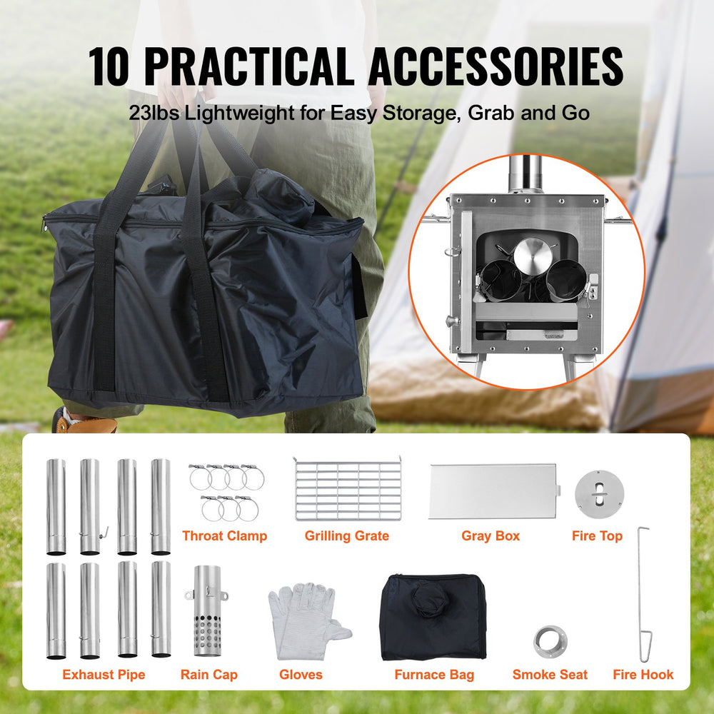Vevor Tent Wood Stove 86" Alloy Steel Wood-Burning Stove with 1646 Cu. In. Firebox and Chimney Pipes New