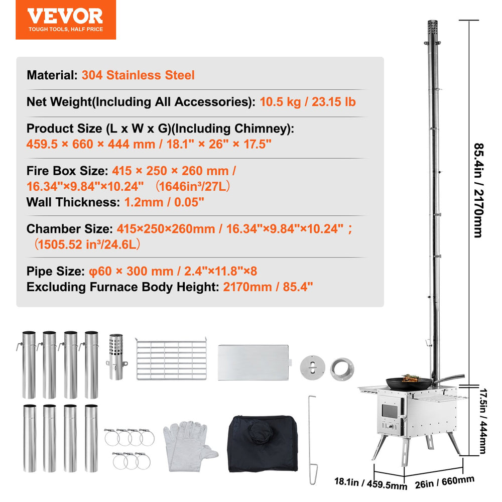 Vevor Tent Wood Stove 86" Alloy Steel Wood-Burning Stove with 1646 Cu. In. Firebox and Chimney Pipes New