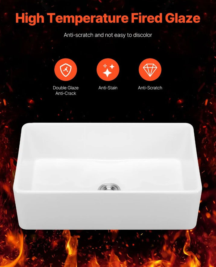 Vevor Farmhouse Sink 33.5" x 20" Undermount Fireclay Single Bowl White New