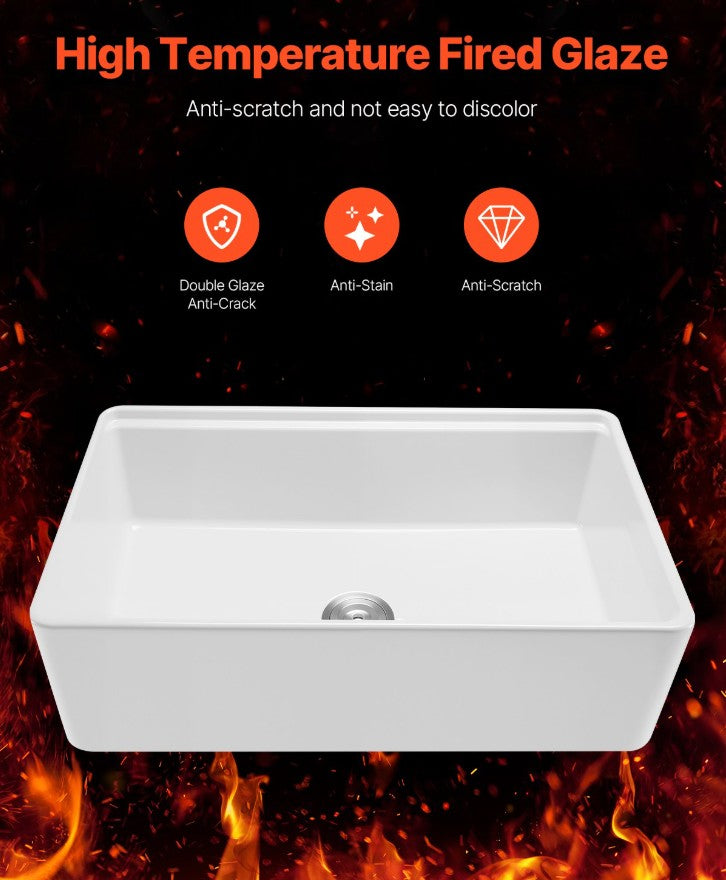 Vevor Farmhouse Sink 32.5" x 20" Undermount Fireclay Single Bowl White with Accessories New