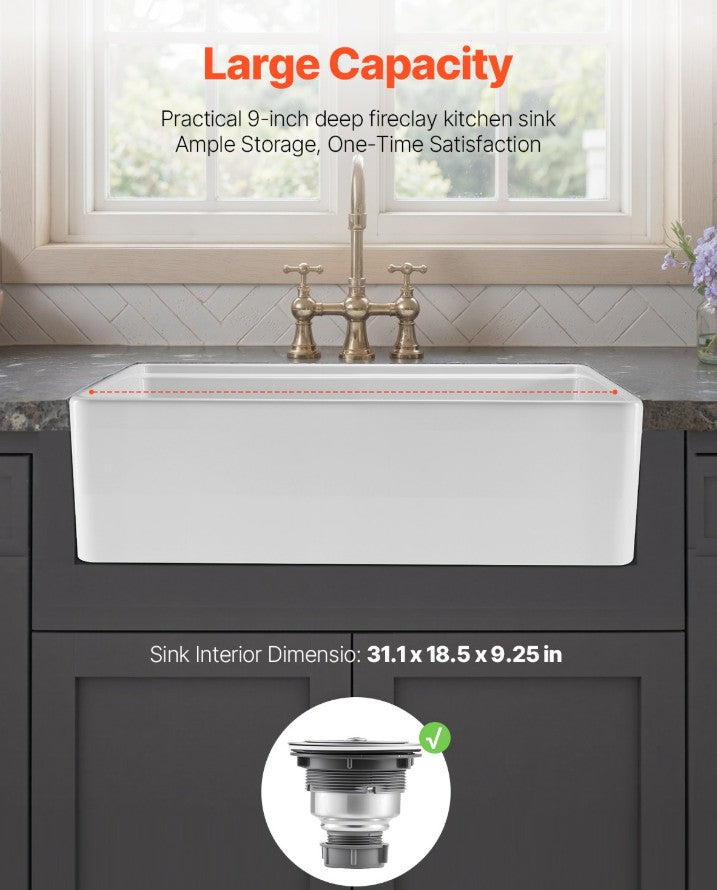 Vevor Farmhouse Sink 32.5" x 20" Undermount Fireclay Single Bowl White with Accessories New