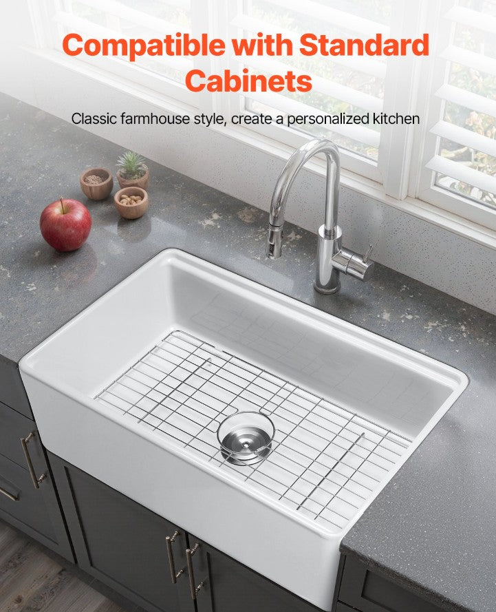 Vevor Farmhouse Sink 32.5" x 20" Undermount Fireclay Single Bowl White with Accessories New