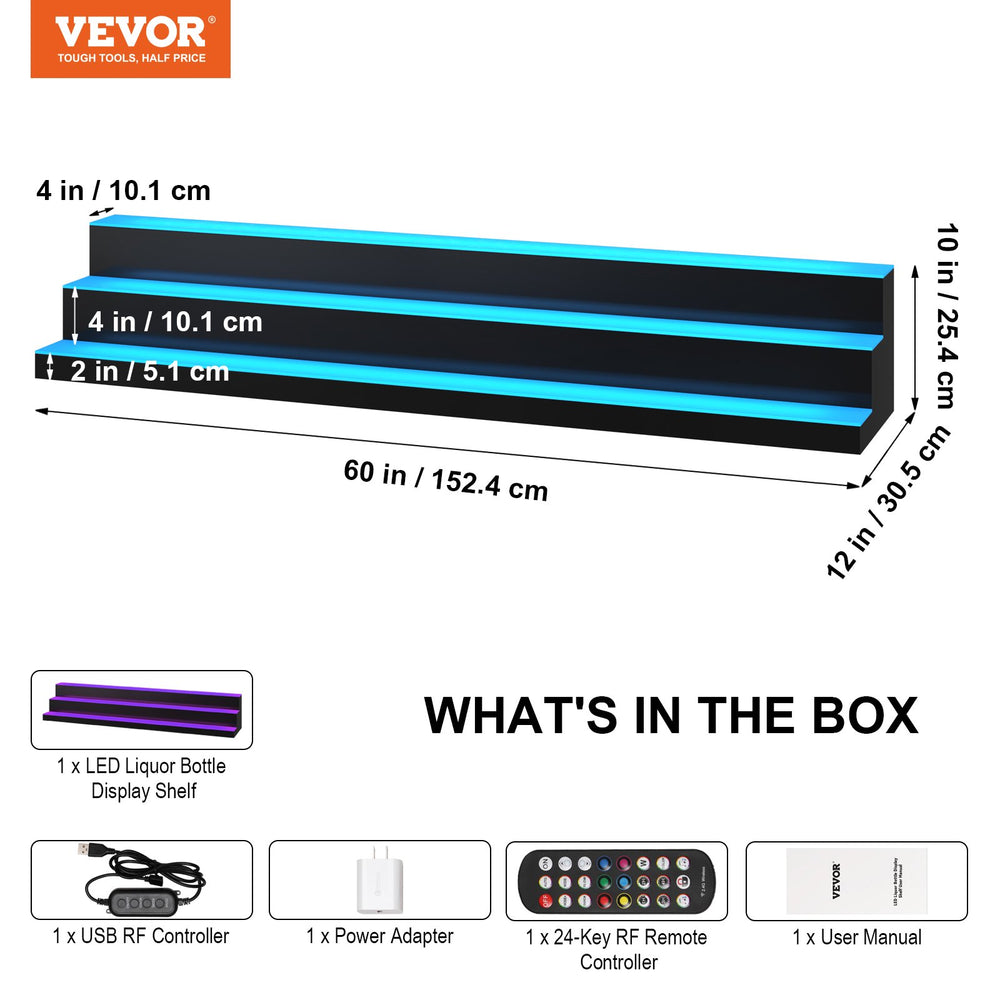 Vevor Liquor Bottle Bar Display Shelf 60" 3-Step LED Lighted 7 Static Colors with App Control New