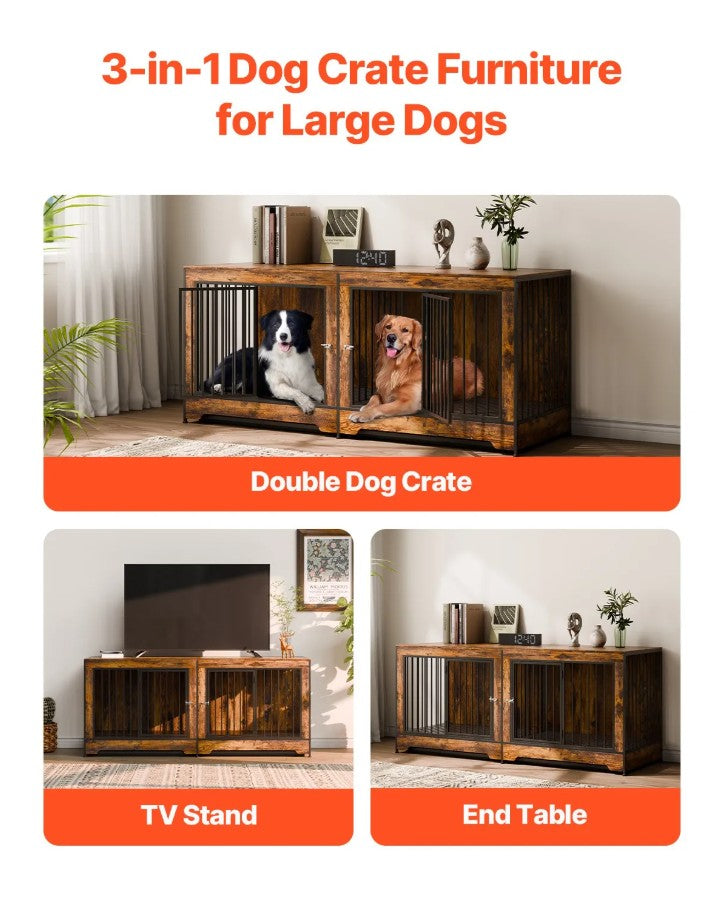 Vevor Wooden Dog Crate Furniture 75" with Divider and Removable Trays New