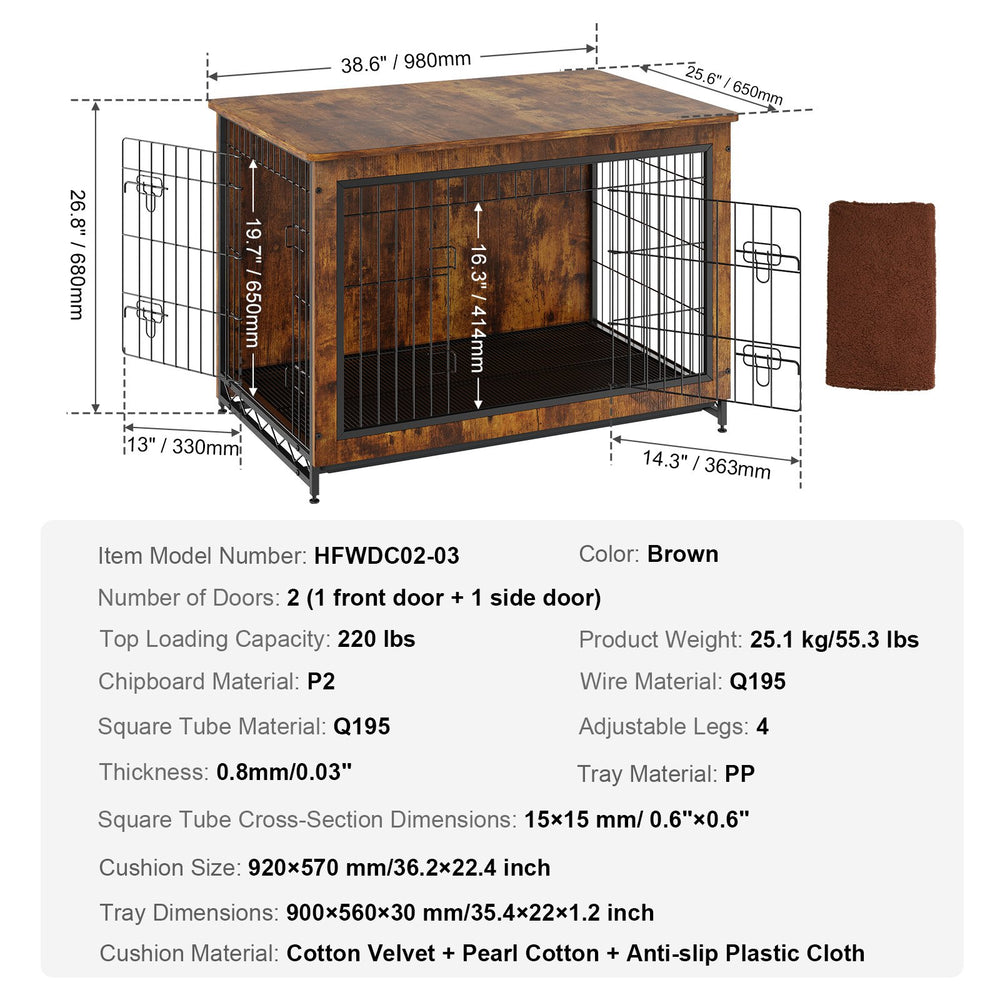 Vevor Dog Crate 38.6" Furniture Style Wooden Crate with Double Door Holds 70 Lbs Breed New