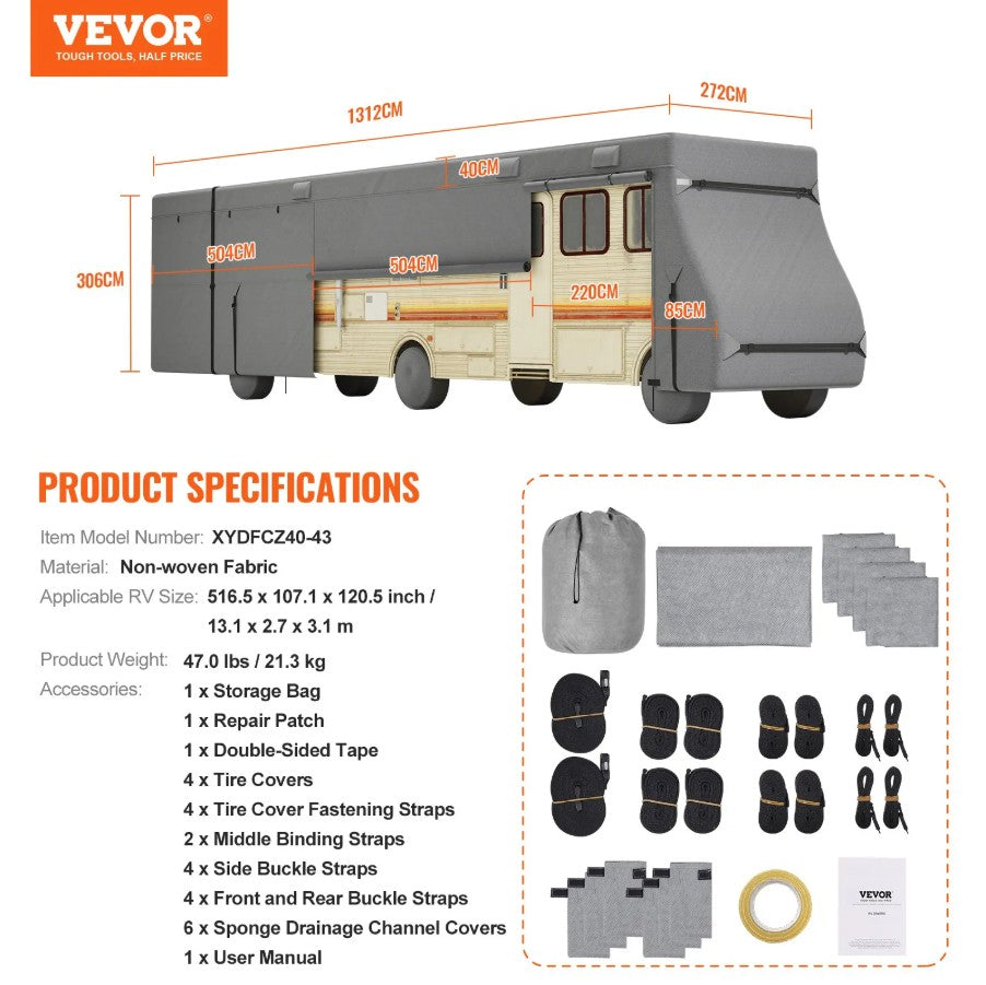 Vevor Class A RV Cover 40'-43' with Tire Covers and Accessories New