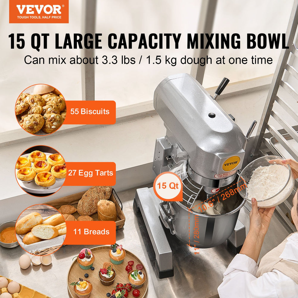 Vevor Food Mixer 15 Qt 550W Adjustable 3-Speed Heavy Duty Commercial Stainless Steel New