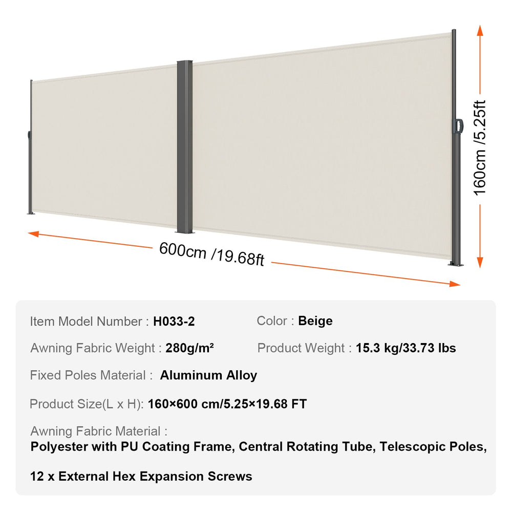 Vevor Retractable Side Awning 236" x 63" Waterproof Patio Privacy Screen and Divider Beige New