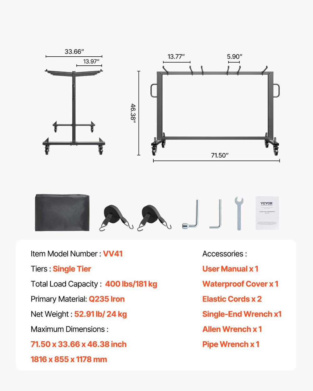 Vevor Folding Chair Rack Cart 400 Lbs Capacity Holds 42 Chairs or 12 Tables New