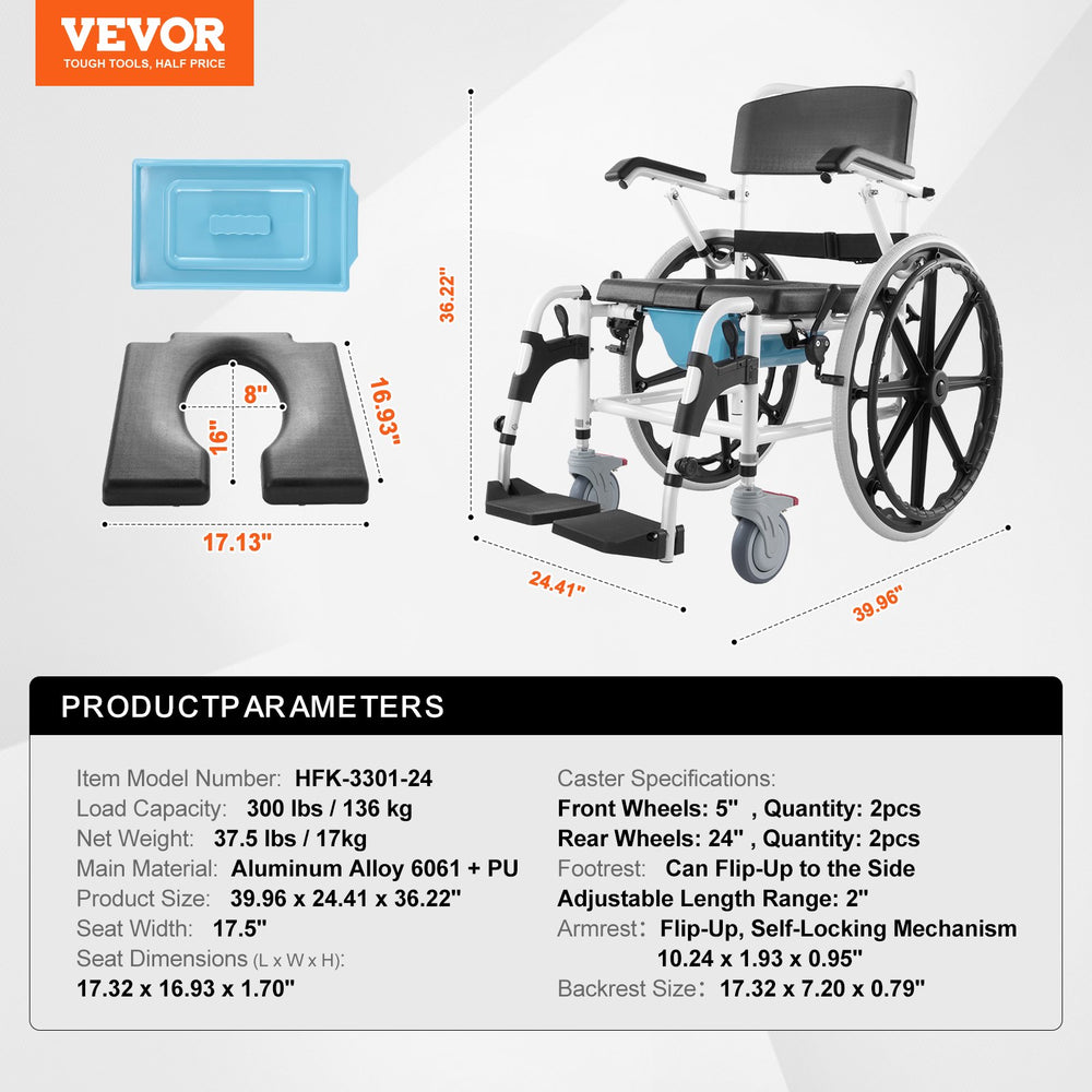 Vevor Shower Wheelchair with Commode Opening 17.5" 300 lbs. Capacity Aluminum Alloy New