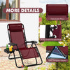 Dark red outdoor folding zero gravity reclining lounge chair with detachable pillow and cup holder for relaxation.