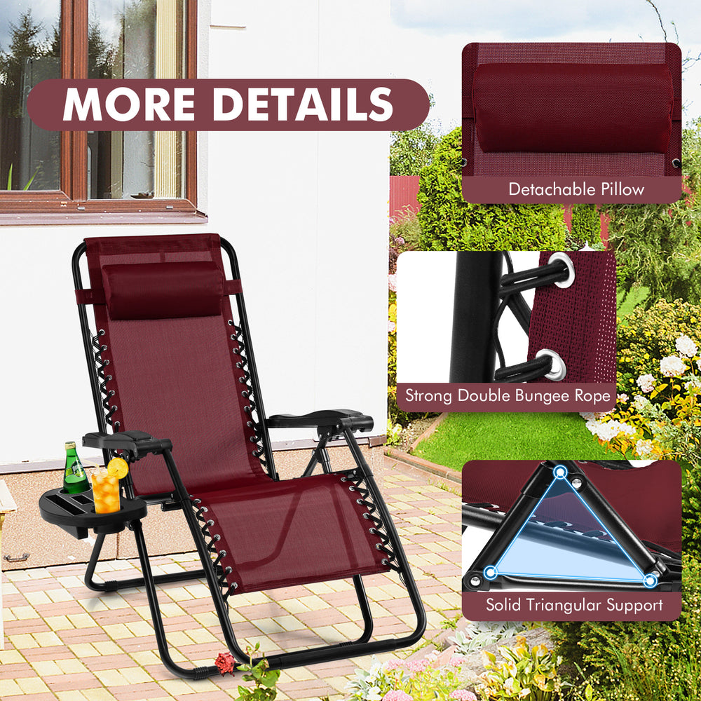 Dark red outdoor folding zero gravity reclining lounge chair with detachable pillow and cup holder for relaxation.