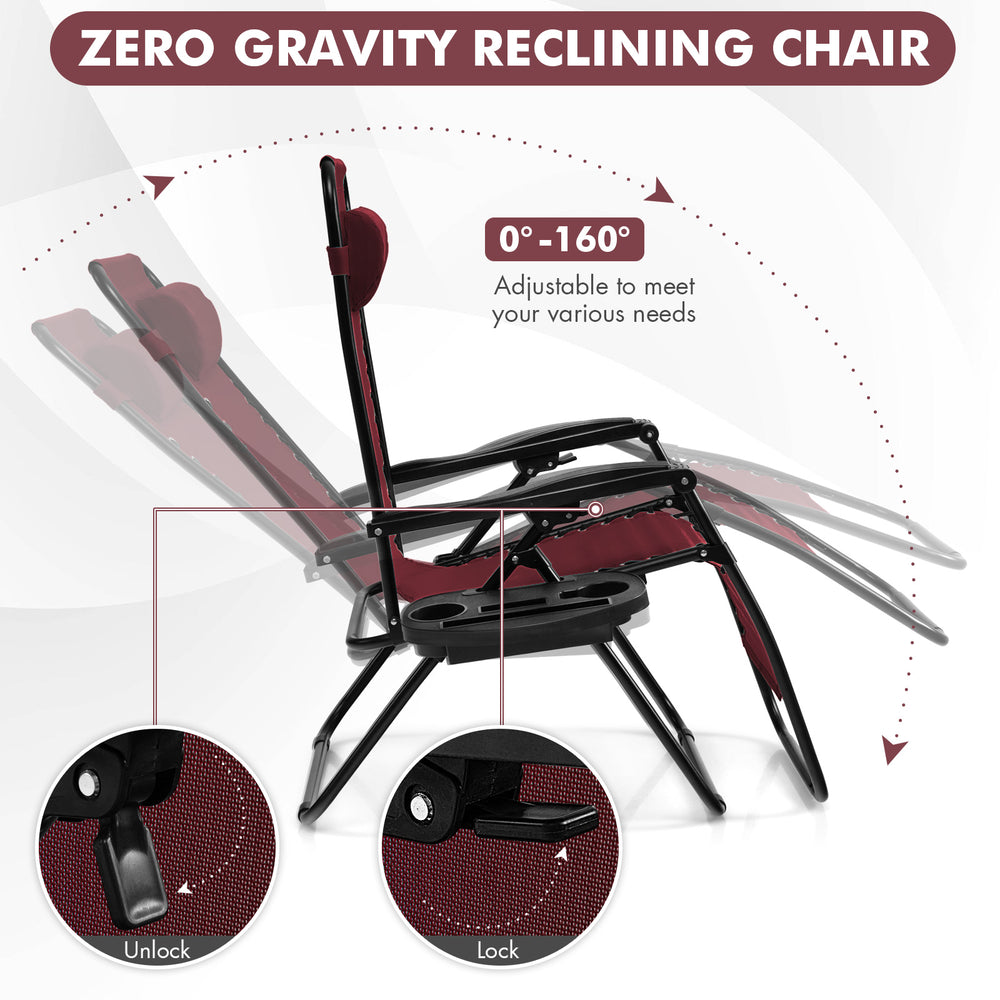Dark red outdoor folding zero gravity reclining lounge chair with adjustable recline angle, great for personalized.