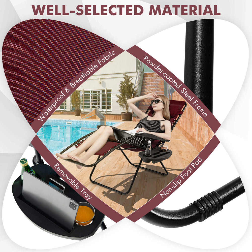 Dark red outdoor folding zero gravity reclining lounge chair with a steel frame, removable tray, and headrest for.